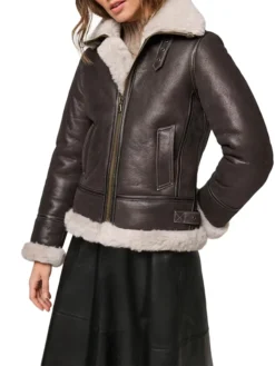 Dark Brown Hooded Shearling Jacket Womens Style
