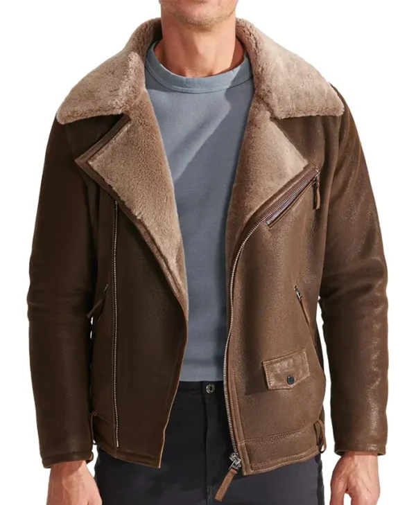 Mens Biker Sheepskin Brown Shearling Jacket Main