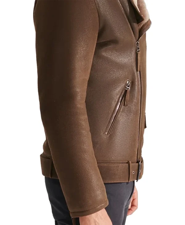 Mens Biker Sheepskin Brown Shearling Jacket Sleeves