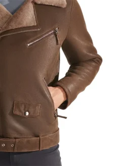 Mens Biker Sheepskin Brown Shearling Jacket Zipper