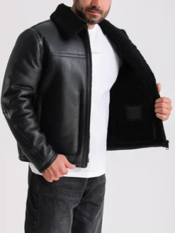 Mens Black Leather Shearling Jacket Closure