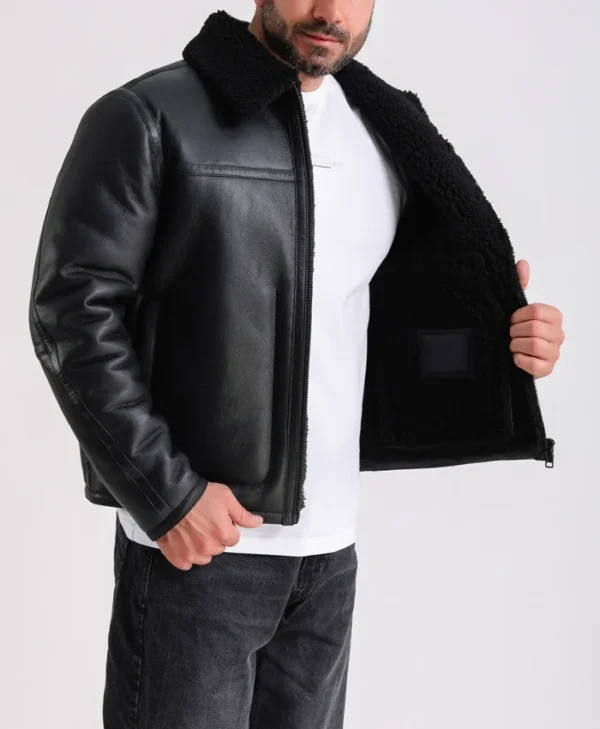 Mens Black Leather Shearling Jacket Closure