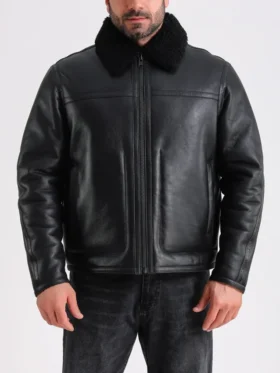 Mens Black Leather Shearling Jacket Collar
