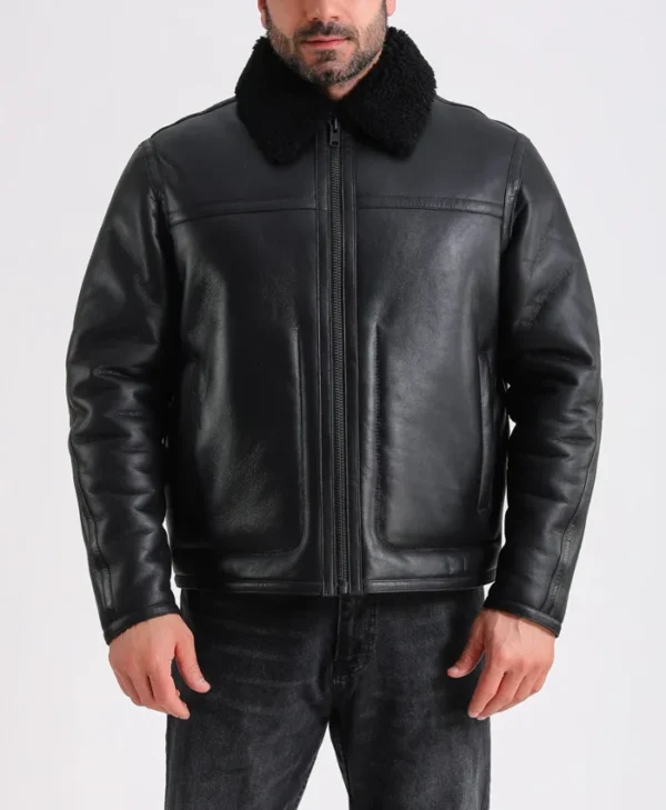 Mens Black Leather Shearling Jacket Collar