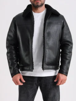 Mens Black Leather Shearling Jacket Main