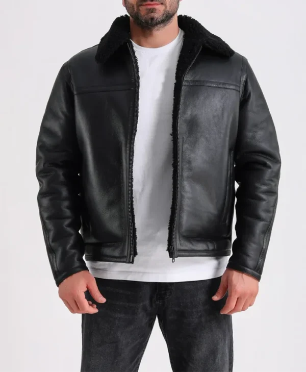 Mens Black Leather Shearling Jacket Main