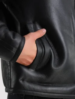 Mens Black Leather Shearling Jacket Pockets