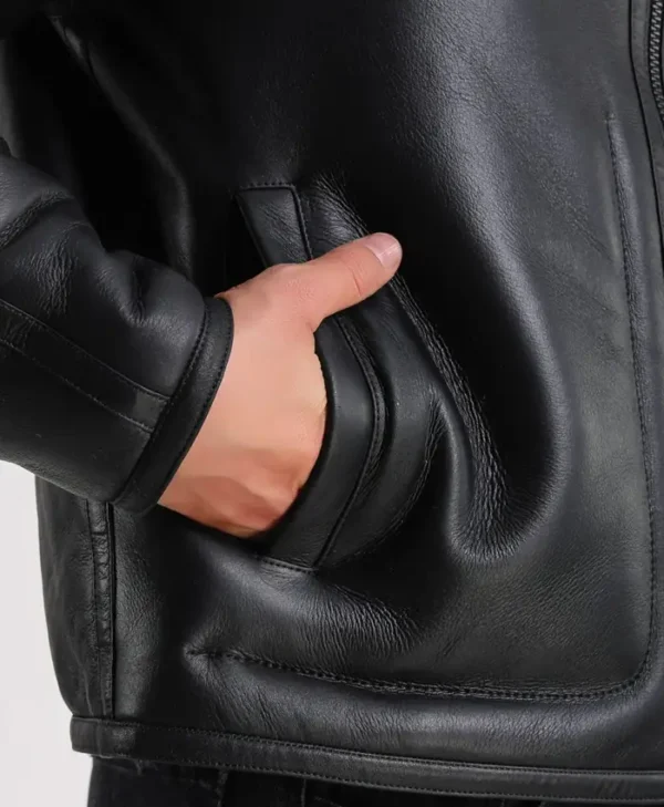 Mens Black Leather Shearling Jacket Pockets