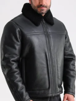 Mens Black Leather Shearling Jacket Zipper