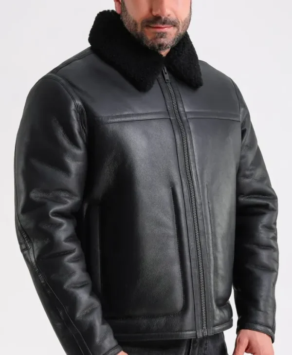 Mens Black Leather Shearling Jacket Zipper