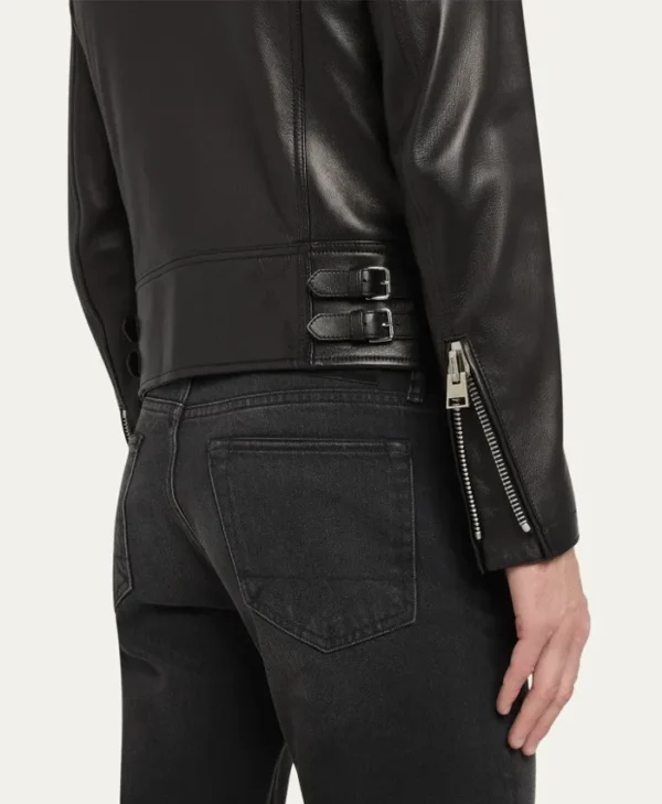 Mens Black Real Leather Biker Jacket Cuffs