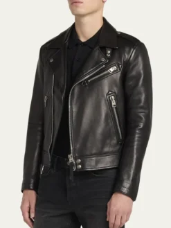 Mens Black Real Leather Biker Jacket Side