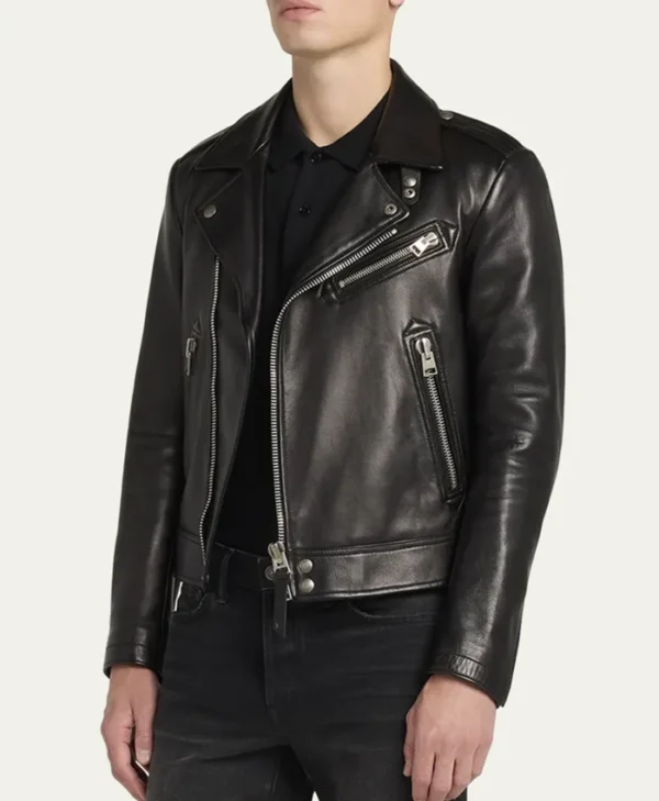 Mens Black Real Leather Biker Jacket Side