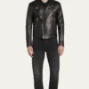 Mens Black Real Leather Biker Jacket Stand Up