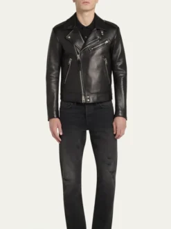 Mens Black Real Leather Biker Jacket Stand Up