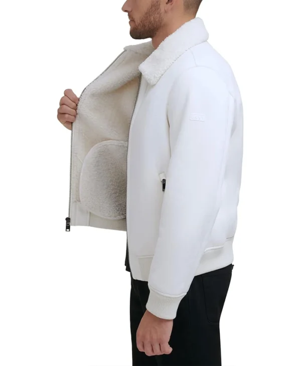 Mens White Shearling Aviator Leather Jacket Inner