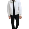 Mens White Shearling Aviator Leather Jacket Stand Up