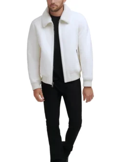 Mens White Shearling Aviator Leather Jacket Stand Up