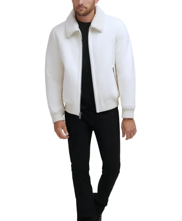 Mens White Shearling Aviator Leather Jacket Stand Up