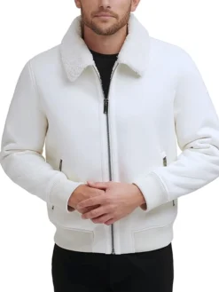 Mens White Shearling Aviator Leather Jacket Zipper