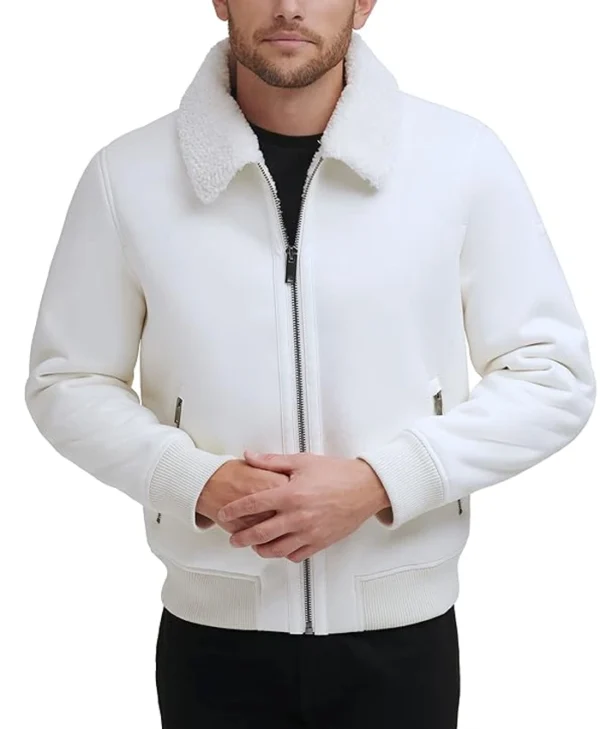 Mens White Shearling Aviator Leather Jacket Zipper