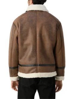 Mens Winter Distressed Leather Tan Brown Shearling Jacket Back