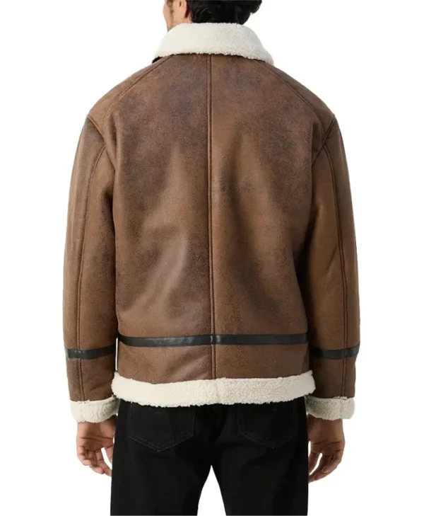 Mens Winter Distressed Leather Tan Brown Shearling Jacket Back