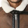 Mens Winter Distressed Leather Tan Brown Shearling Jacket Collar