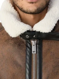 Mens Winter Distressed Leather Tan Brown Shearling Jacket Collar