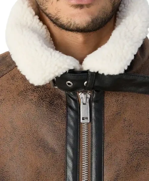 Mens Winter Distressed Leather Tan Brown Shearling Jacket Collar