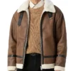 Mens Winter Distressed Leather Tan Brown Shearling Jacket Front