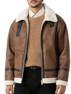 Mens Winter Distressed Leather Tan Brown Shearling Jacket Front