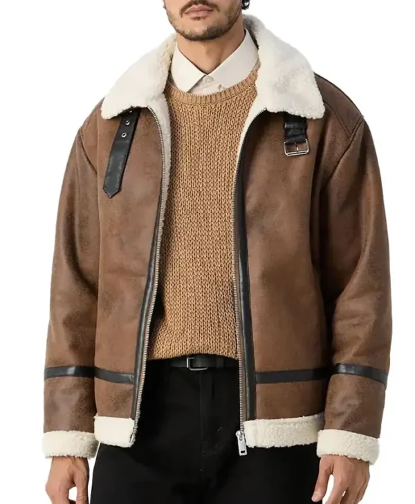 Mens Winter Distressed Leather Tan Brown Shearling Jacket Front