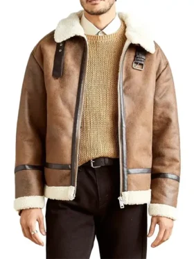 Mens Winter Distressed Leather Tan Brown Shearling Jacket Main