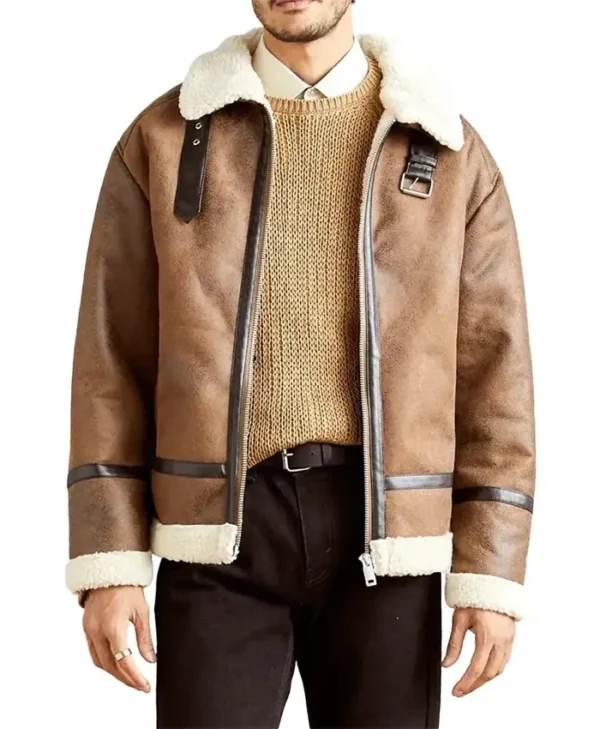 Mens Winter Distressed Leather Tan Brown Shearling Jacket Main