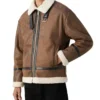Mens Winter Distressed Leather Tan Brown Shearling Jacket Pockets