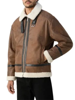 Mens Winter Distressed Leather Tan Brown Shearling Jacket Pockets