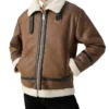 Mens Winter Distressed Leather Tan Brown Shearling Jacket Zipper