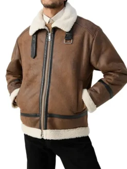 Mens Winter Distressed Leather Tan Brown Shearling Jacket Zipper