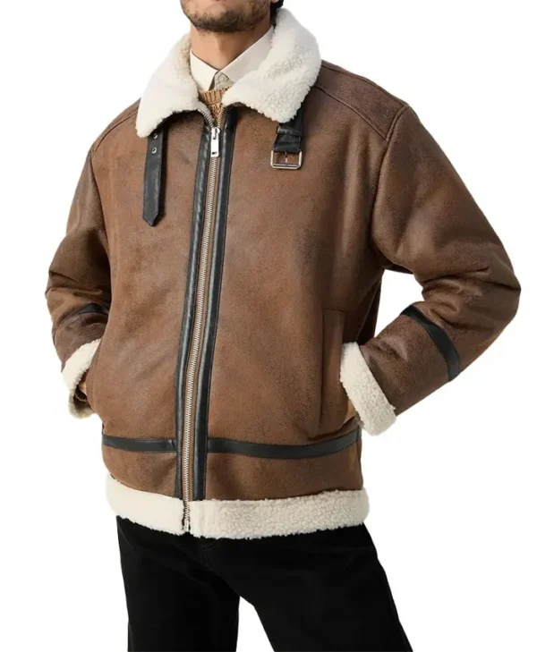 Mens Winter Distressed Leather Tan Brown Shearling Jacket Zipper
