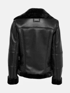 Womens Black Asymmetrical Shearling Pilot Jacket Back