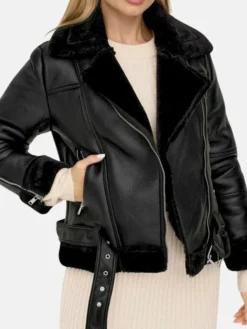 Womens Black Asymmetrical Shearling Pilot Jacket Closure