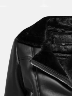 Womens Black Asymmetrical Shearling Pilot Jacket Collar