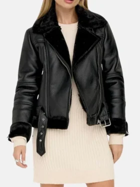 Womens Black Asymmetrical Shearling Pilot Jacket Front