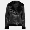 Womens Black Asymmetrical Shearling Pilot Jacket Main