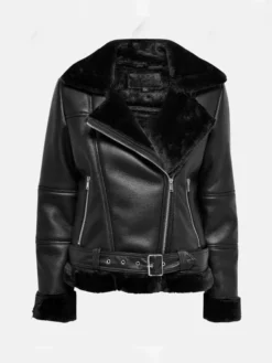 Womens Black Asymmetrical Shearling Pilot Jacket Main