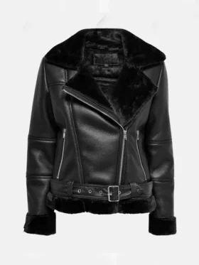 Womens Black Asymmetrical Shearling Pilot Jacket Main