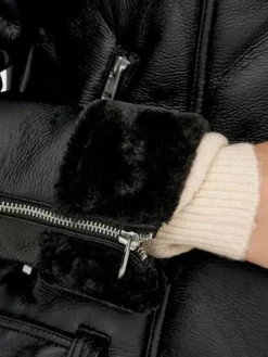 Womens Black Asymmetrical Shearling Pilot Jacket Zipepr