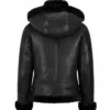 Womens Black Shearling Hooded Aviator Bomber Jacket Back