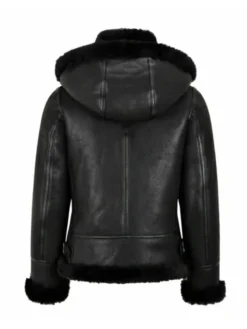 Womens Black Shearling Hooded Aviator Bomber Jacket Back